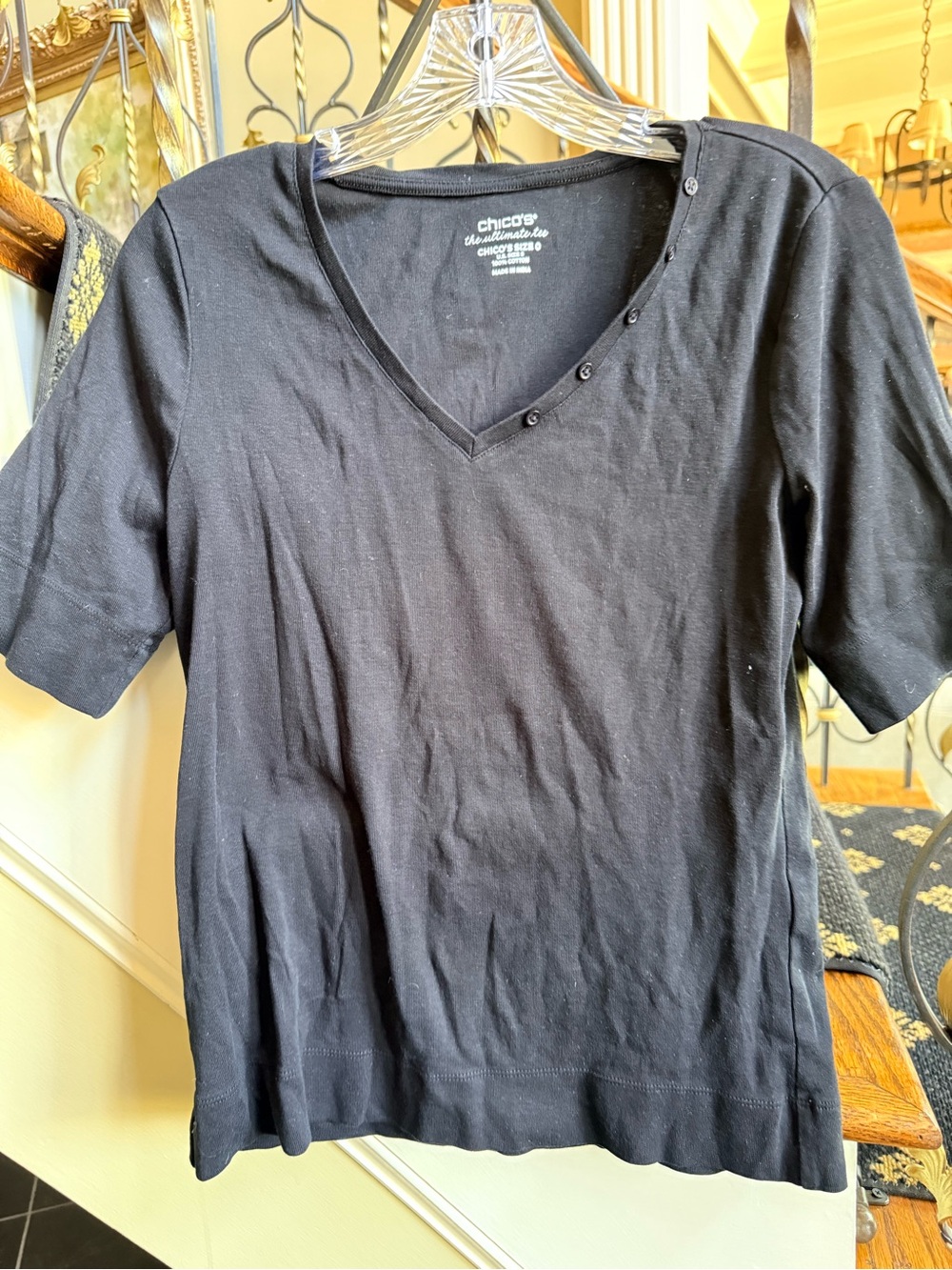 Chico’s Ultimate Tee. V Neck with decorative buttons. Size 0 Cotton.Short sleeve